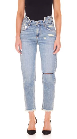 LTB Yoana women s high waist trousers in a damaged look mom jeans with fringes 51172 13899 50906 blue