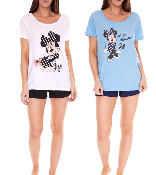 Disney Minnie Mouse Damen Pyjama kurzer Baumwoll Sommer-Schlafanzug Blau oder Weiß/Schwarz