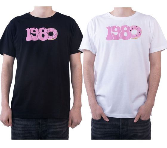 PASH 1980 Tee Chemise à manches courtes pour hommes avec grand T-Shirt en coton imprimé des années 1980 PATR004 Noir ou Blanc