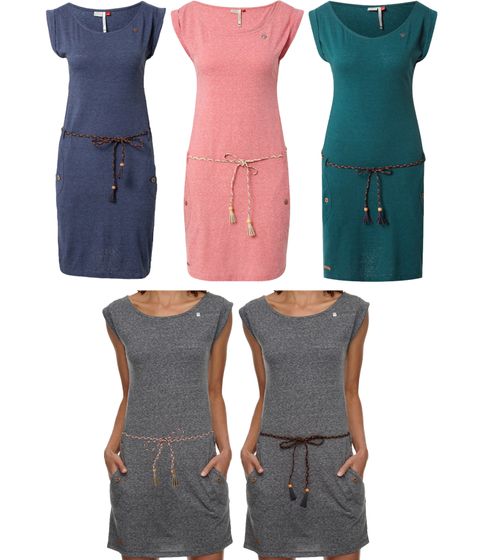 ragwear Tag Damen schickes Jersey-Kleid Peta-Approved mit Rundhalsausschnitt Vegane-Mode in Türkis, Rosa, Blau oder Grau