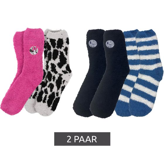 2 pairs of Disney Minnie Mouse or Peanuts Snoopy women's cuddly stockings, warm winter socks with logo patch, pink/white or dark blue/light blue