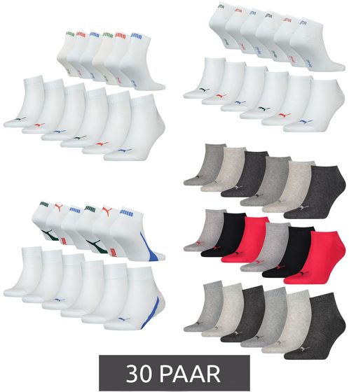 30 paires de chaussettes sneaker ou quarter PUMA à coutures plates bas en coton blanc, rouge, gris, noir