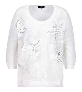 monari Summer Stories Damen Häkelstrick-Pullover mit Strass-Details Sommer-Sweater mit gestickten Aufnähern 53998569 Weiß