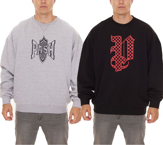 PASH Sweat Herren Rundhals-Pullover mit großem Marken-Print Baumwoll-Sweater PASR00 Grau oder Schwarz