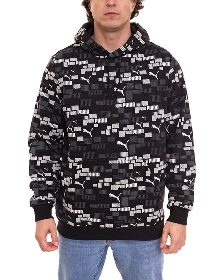 PUMA ESS LOGO men s stylish hooded sweater leisure hoodie with all-over print 676819 01 black/white
