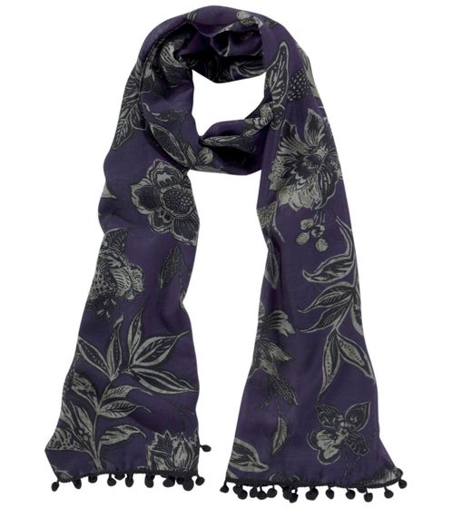 J.Jayz écharpe femme, écharpe d'été légère à imprimé floral et pompons en tissu 36009839 violet foncé