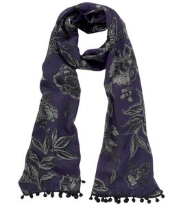 J.Jayz Damen Schal leichtes Sommer-Tuch mit Blumen-Print und Stoff-Bommeln 36009839 Dunkelviolett