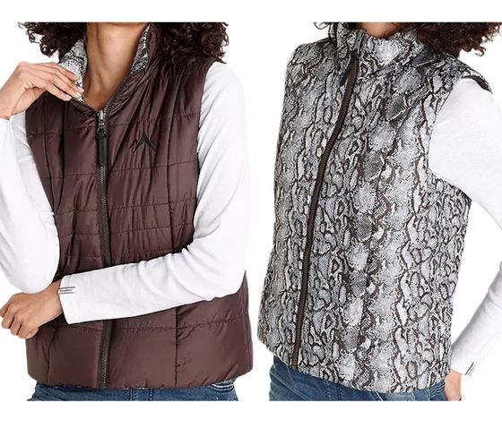 ALPENBLITZ women's reversible vest, plain-colored and all-over print quilted vest 48569704 brown/black/white