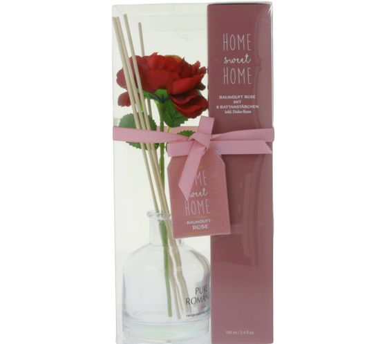 HOME sweet HOME Raumduft Rose mit 6 Rattanstäbchen inklusive Deko-Rose in schöner Geschenkverpackung 100 ml