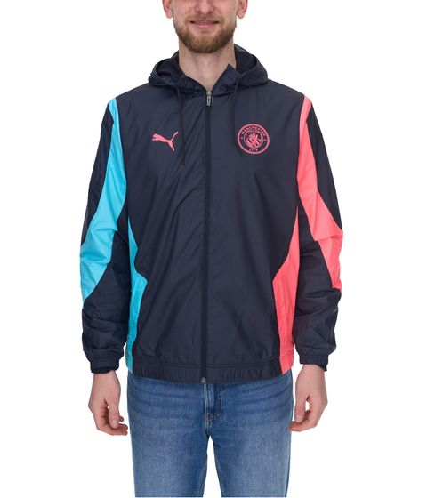 PUMA Woven Anthem 2023/24 Manchester City funktionale Trainings-Jacke mit Kapuze Freizeit-Jacke Jogging-Jacke rainCELL warmCELL windCELL 772846 14 Schwarz/Blau/Rosa 