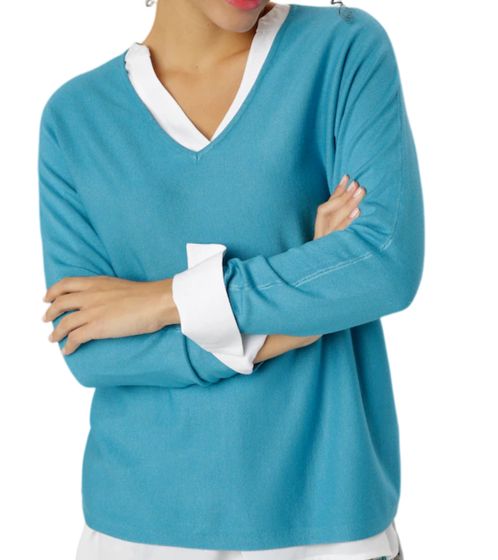Aniston SELECTED women s fine knit sweater leisure sweater with V-neck 14473407 light blue