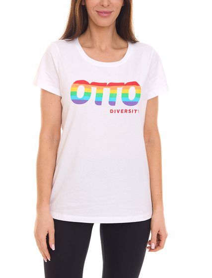 OTTO products T-shirt women's cotton shirt Diversity with rainbow print basic shirt 24991656 white