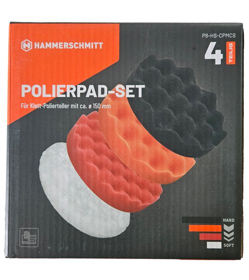 HAMMERSCHMITT Jeu de 4 tampons de polissage Plaque de polissage velcro d'un diamètre de 150 mm dur à mou P8-HS-CPMCS noir, orange, rouge, blanc