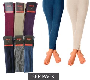Pack of 3 ROGO children's leggings, cotton trousers, everyday leggings, light blue/dark blue/grey or beige/wine red/purple