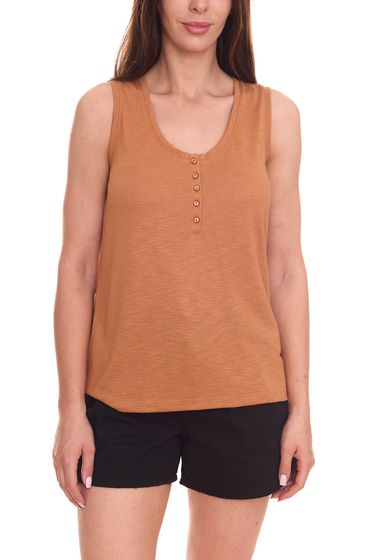 Tom Tailor Damen Blusen-Top ärmelloses Sommer-Shirt mit Knopfleiste 20216912 Braun