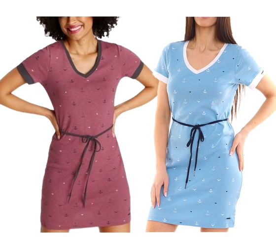 KangaROOS Damen Mini-Kleid mit Stoff-Gürtel und maritimen Allover-Print Dunkelrosa oder Hellblau