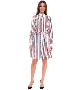 DELMAO women's cotton dress mini dress striped long-sleeved dress blouse dress 10440711 white/blue/red