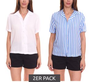Pack de 2 blouses AjC, blouses chemises aérées pour femme bicolores avec patte de boutonnage bleu/blanc Pack de 2 blouses AjC, blouses chemises aérées pour femme bicolores avec patte de boutonnage bleu/blanc