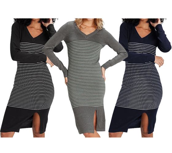 AjC Damen Pullover-Kleid gestreift Midi-Kleid Strick-Kleid in Grau, Schwarz oder Blau