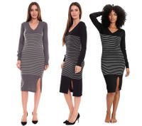 AjC Damen Pullover-Kleid gestreift Midi-Kleid Strick-Kleid in Grau, Schwarz oder Blau