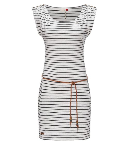 ragwear Tag Damen gestreiftes Baumwoll-Kleid Peta-Approved mit Rundhalsausschnitt und Taillengürtel 29214259 Weiß/Grau