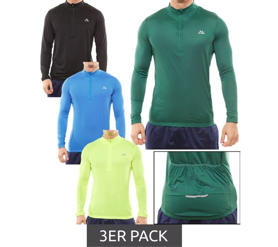 Pack of 3 DANISH ENDURANCE sustainable men's long-sleeved cycling shirts with back pockets, running shirt 148000 in black, blue, green, neon yellow