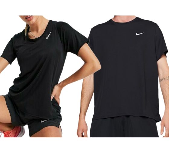 NIKE Dri-FIT Race für Damen oder Dri-FIT UV Miler für Herren T-Shirt kurzärmliges Fitness-Shirt luftiges Sport-Shirt in Schwarz