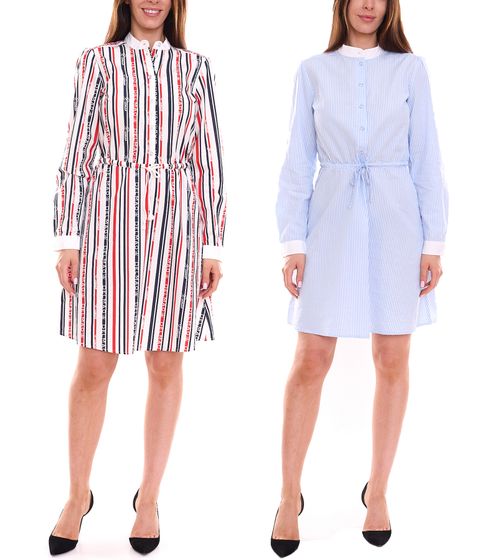 DELMAO women's cotton dress, mini dress, striped long-sleeved dress, blouse dress, white/blue or white/blue/red