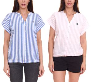 DELMAO women's summer blouse striped short-sleeved blouse summer shirt pink/white or blue/white