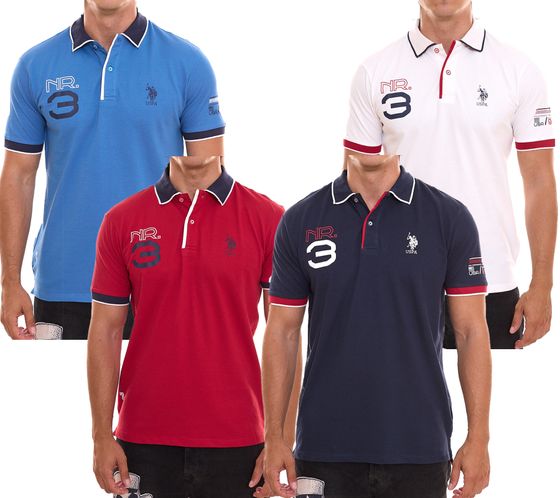 NOUS. POLO ASSN. Polo à manches courtes, polo confortable pour homme avec imprimé sur le devant, chemise en coton bleu, blanc ou rouge