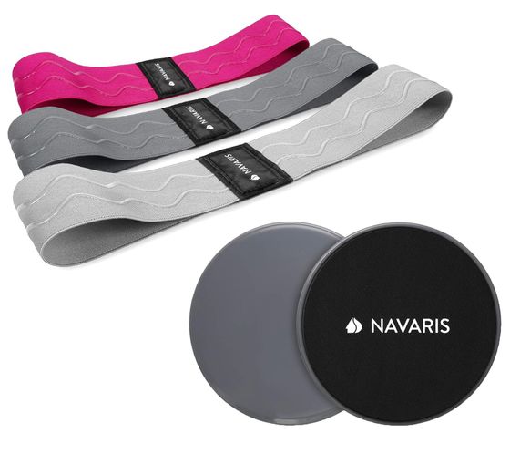 NAVARIS fitness band set with sliding discs, yoga bands, resistance bands in 3 strengths including bag and sliding discs