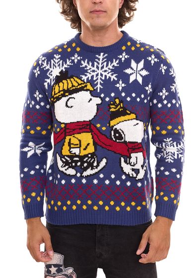 PEANUTS Snoopy Ugly Christmas Sweater Strick-Pullover für Damen und Herren Weihnachts-Pullover mit großem Print Blau