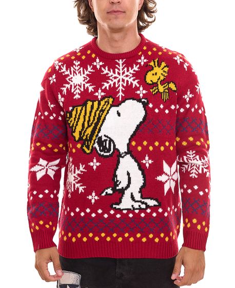 PEANUTS Snoopy Ugly Christmas Sweater Pull tricoté pour hommes et femmes Pull de Noël avec gros imprimé rouge