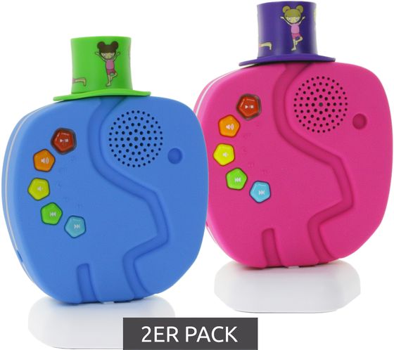 Pack économique de 2 lecteurs audio TechniSat Technifant, haut-parleurs Bluetooth pour enfants comprenant une veilleuse avec un chapeau jouable en MP3 et une batterie puissante en bleu ou rose