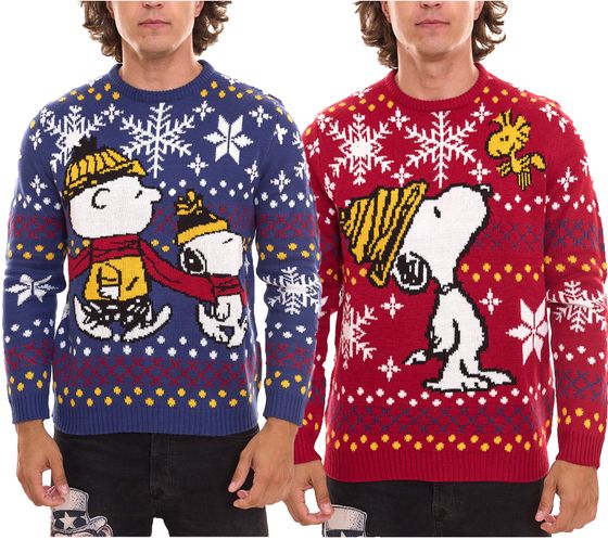 PEANUTS Snoopy Ugly Christmas Sweater Strick-Pullover für Damen und Herren Weihnachts-Pullover mit großem Print Blau oder Rot