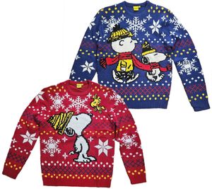 PEANUTS Snoopy Ugly Christmas Sweater Strick-Pullover für Damen und Herren Weihnachts-Pullover mit großem Print Blau oder Rot