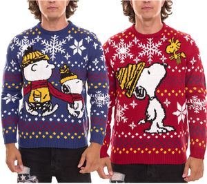 PEANUTS Snoopy Ugly Christmas Sweater Pull tricoté pour hommes et femmes Pull de Noël avec gros imprimé bleu ou rouge