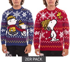 2er Pack PEANUTS Snoopy Ugly Christmas Sweater Strick-Pullover für Damen und Herren Sparpack Weihnachts-Pullover mit großem Print Blau oder Rot
