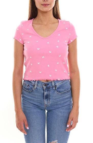 TOM TAILOR Damen Crop-Shirt Baumwoll-Shirt Sommer-Shirt mit Schmetterlings-Design 77899252 Rosa