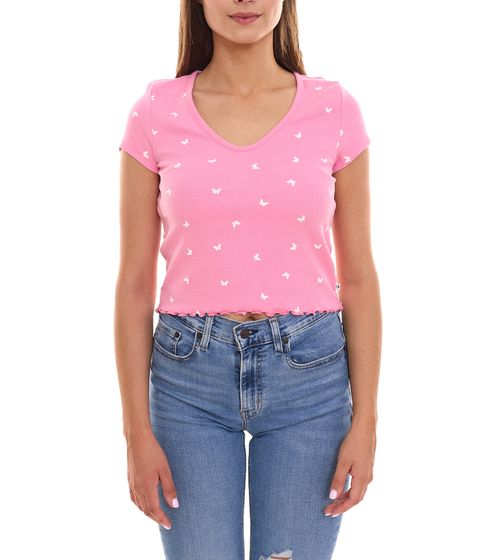 TOM TAILOR women's crop shirt, cotton shirt, summer shirt with butterfly design 77899252 pink