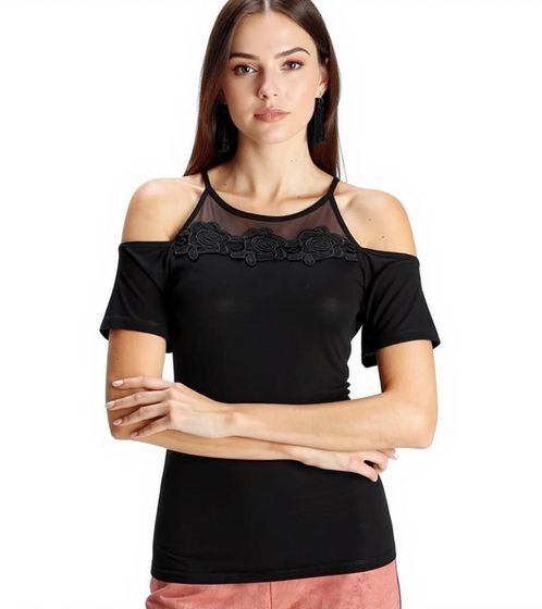 MELROSE Damen Off-Shoulder-Shirt mit Blumenborder elegantes Ausgeh-Top  89386742 Schwarz