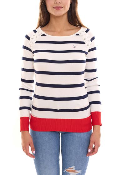 DELMAO women's long-sleeved shirt, striped round-neck sweatshirt with lacing details 90686301 blue/white/red