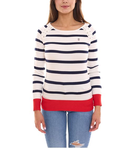 DELMAO women's long-sleeved shirt, striped round-neck sweatshirt with lacing details 90686301 blue/white/red