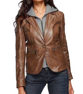 GIPSY Damen Echtleder-Jacke aus Schafsleder Leder-Blazer mit herausnehmbarem Kapuzen-Einsatz 72755022 Braun/Grau
