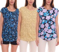Tamaris Damen Kurzarm-Bluse mit Allover Muster ärmelloses Sommer-Shirt Gelb, Schwarz/Blau oder Blau/Lila Tamaris Damen Kurzarm-Bluse mit Allover Muster ärmelloses Sommer-Shirt Gelb, Schwarz/Blau oder Blau/Lila