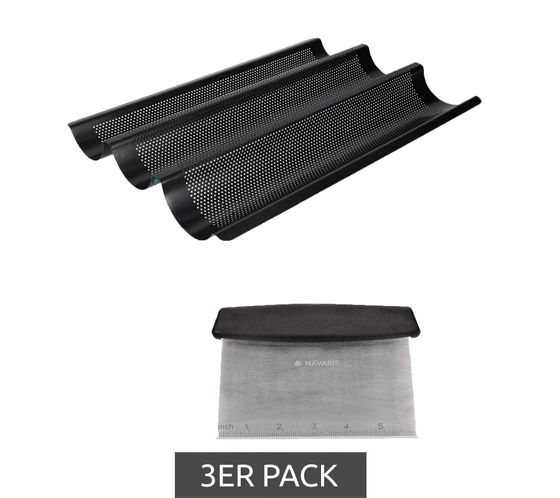 3er Sparpack NAVARIS Baguette-Backblech Anti-Haft beschichteter Küchen-Helfer mit Teigschaber Backform Brot-Backform Schwarz