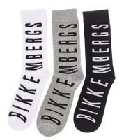 3 Paar BIKKEMBERGS Surtido Herren Tennis-Socken mit großem Schriftzug Baumwoll-Strümpfe BK_014 Schwarz/Grau/Weiß