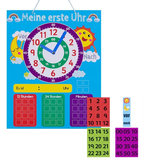 NAVARIS Kinder Spiel-Uhr Analog-Uhr auf Deutsch Lern-Zubehör Lern-Materialien Magnettafel 53345.01 Blau/Lia