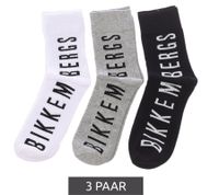 3 Paar BIKKEMBERGS Damen & Herren Tennis-Socken mit Marken Schriftzug Baumwoll-Strümpfe Weiß/Schwarz/Grau/Blau