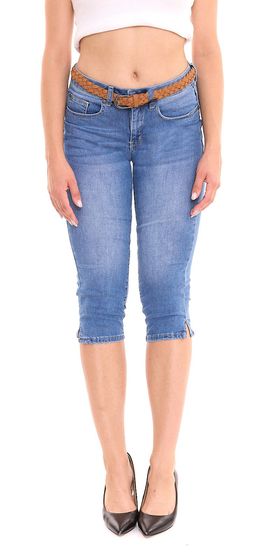 DELMAO women's capri jeans high-waist pants 3/4 denim pants with braided belt 62351748 blue